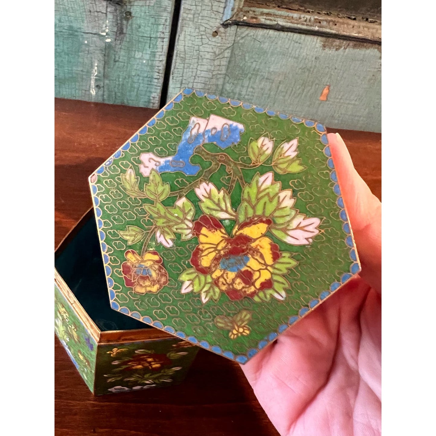 Antique Vintage Cloisonne Enamel Octagonal Canister Jar Box