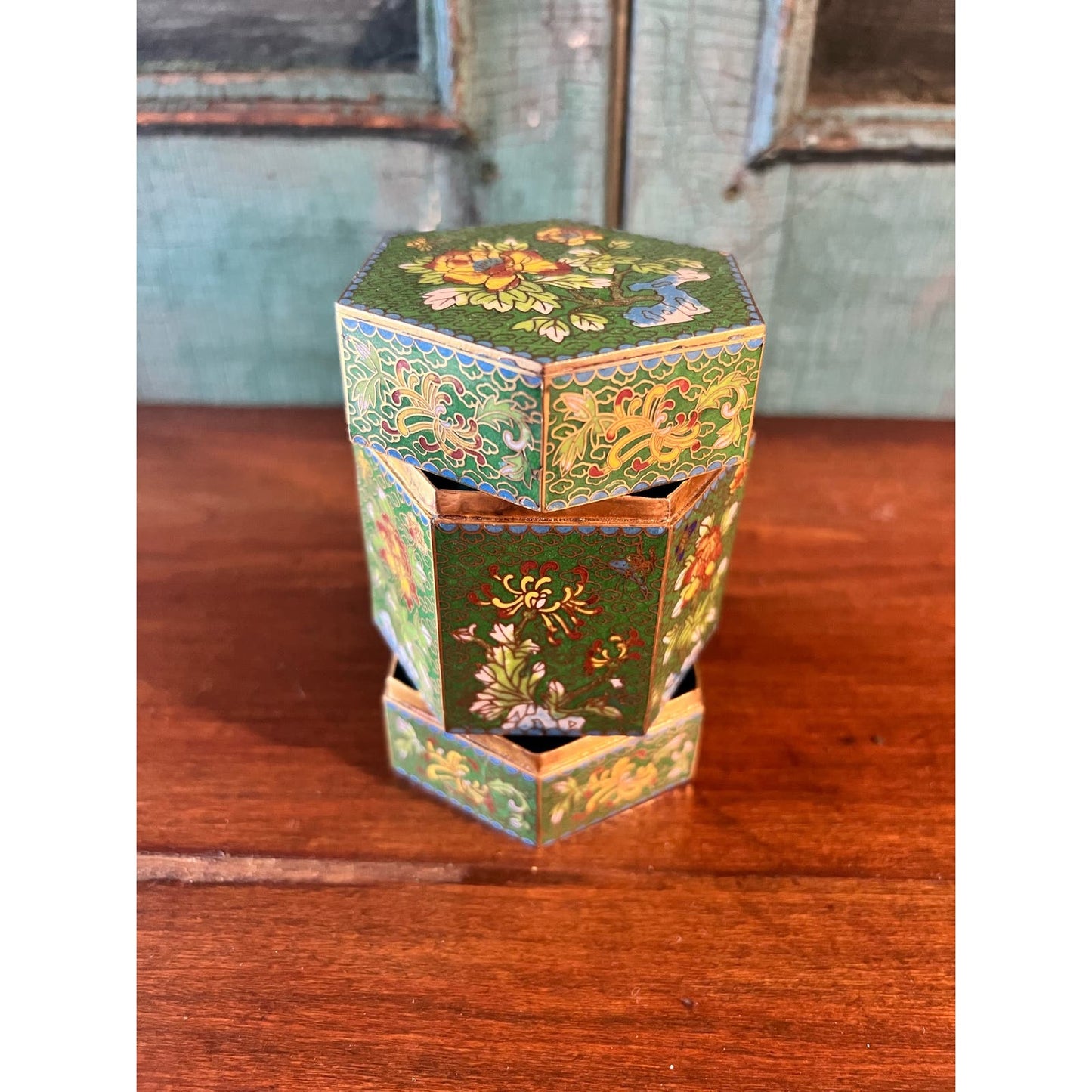 Antique Vintage Cloisonne Enamel Octagonal Canister Jar Box