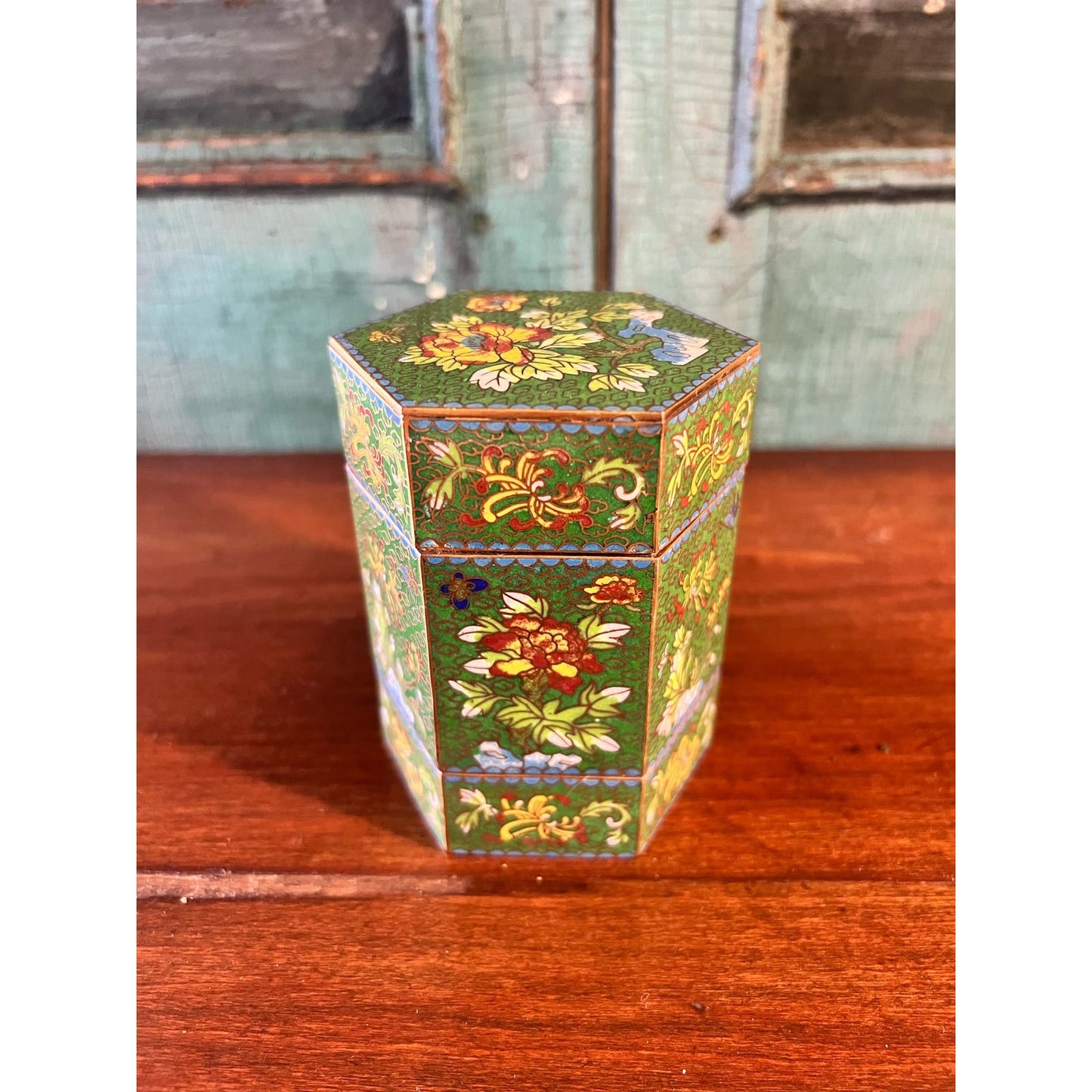 Antique Vintage Cloisonne Enamel Octagonal Canister Jar Box