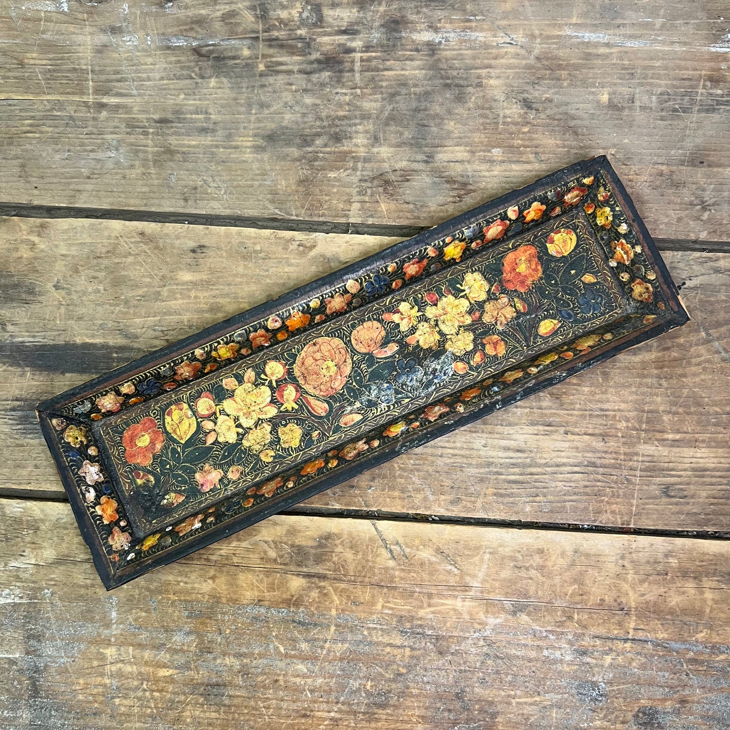 Pretty Kashmiri Papier Mache Desk Tray/Pen Tray, Kashmir, India, Late 19th-Early 20th c.