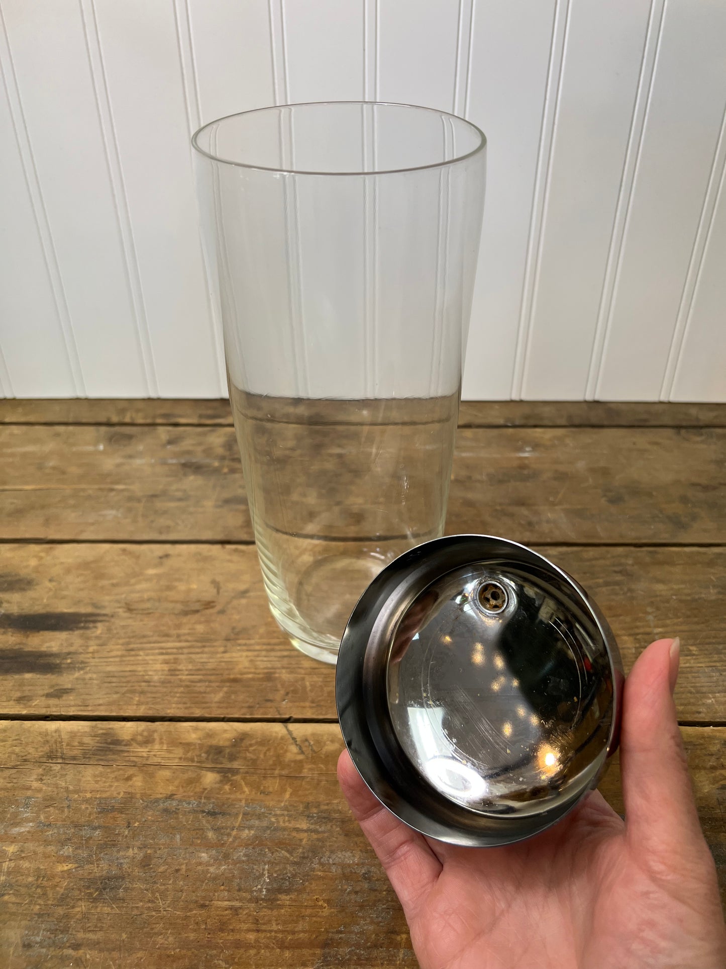 Vintage clear glass with chrome lid Martini shaker/ vintage barware