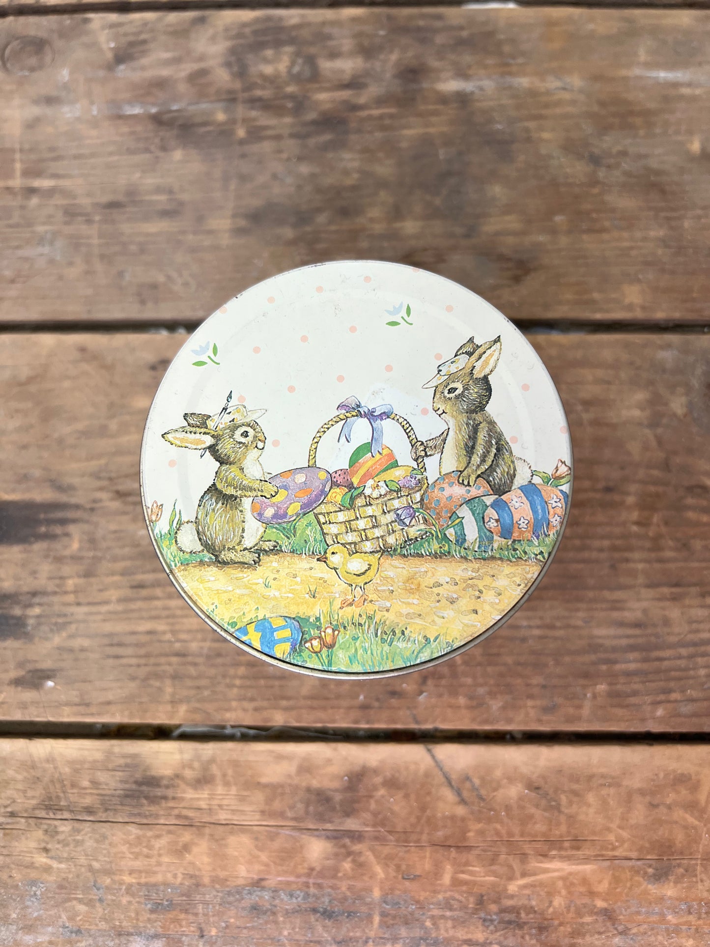 Tiny vintage tin Easter bucket with handle and lid