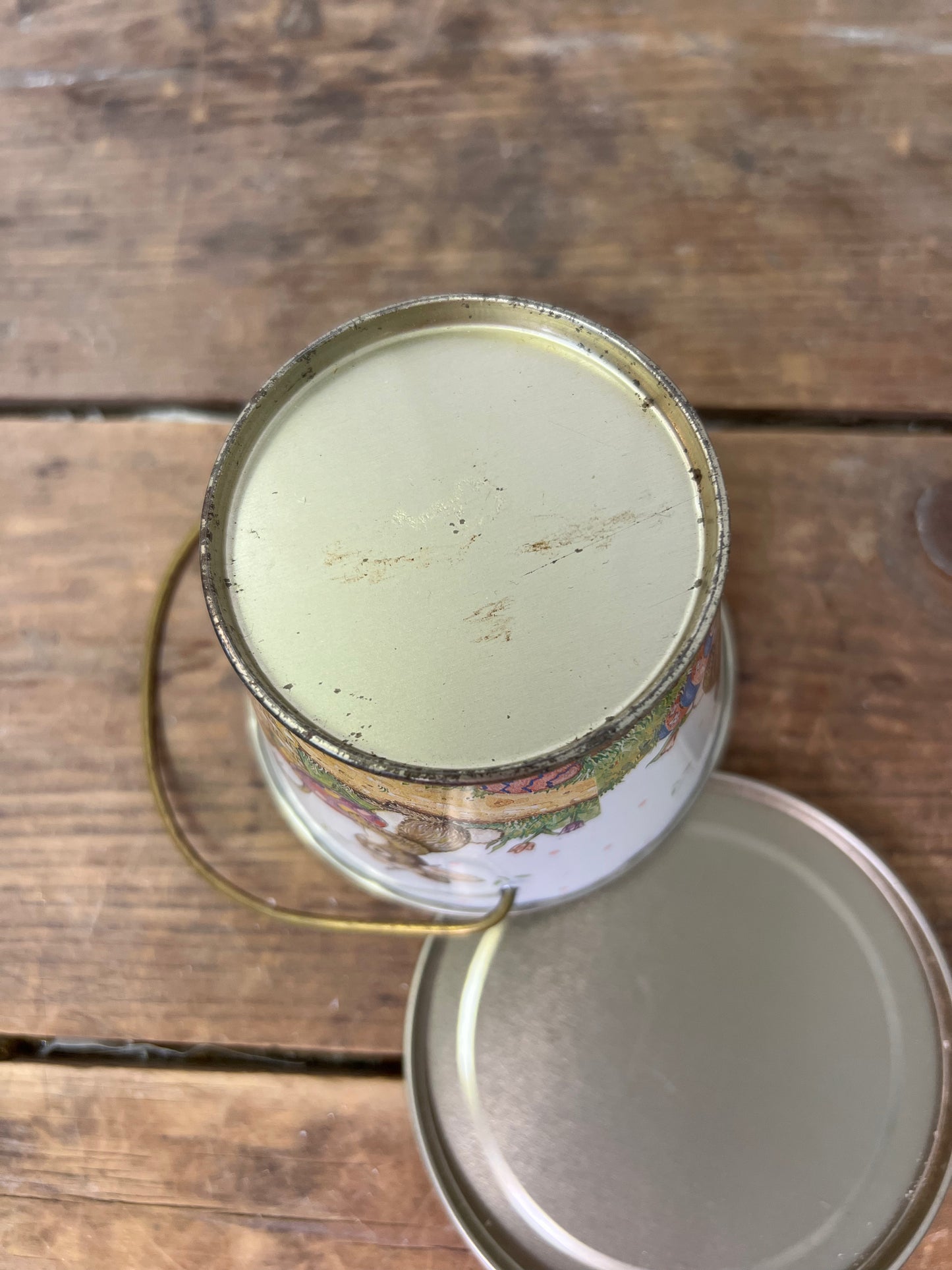 Tiny vintage tin Easter bucket with handle and lid