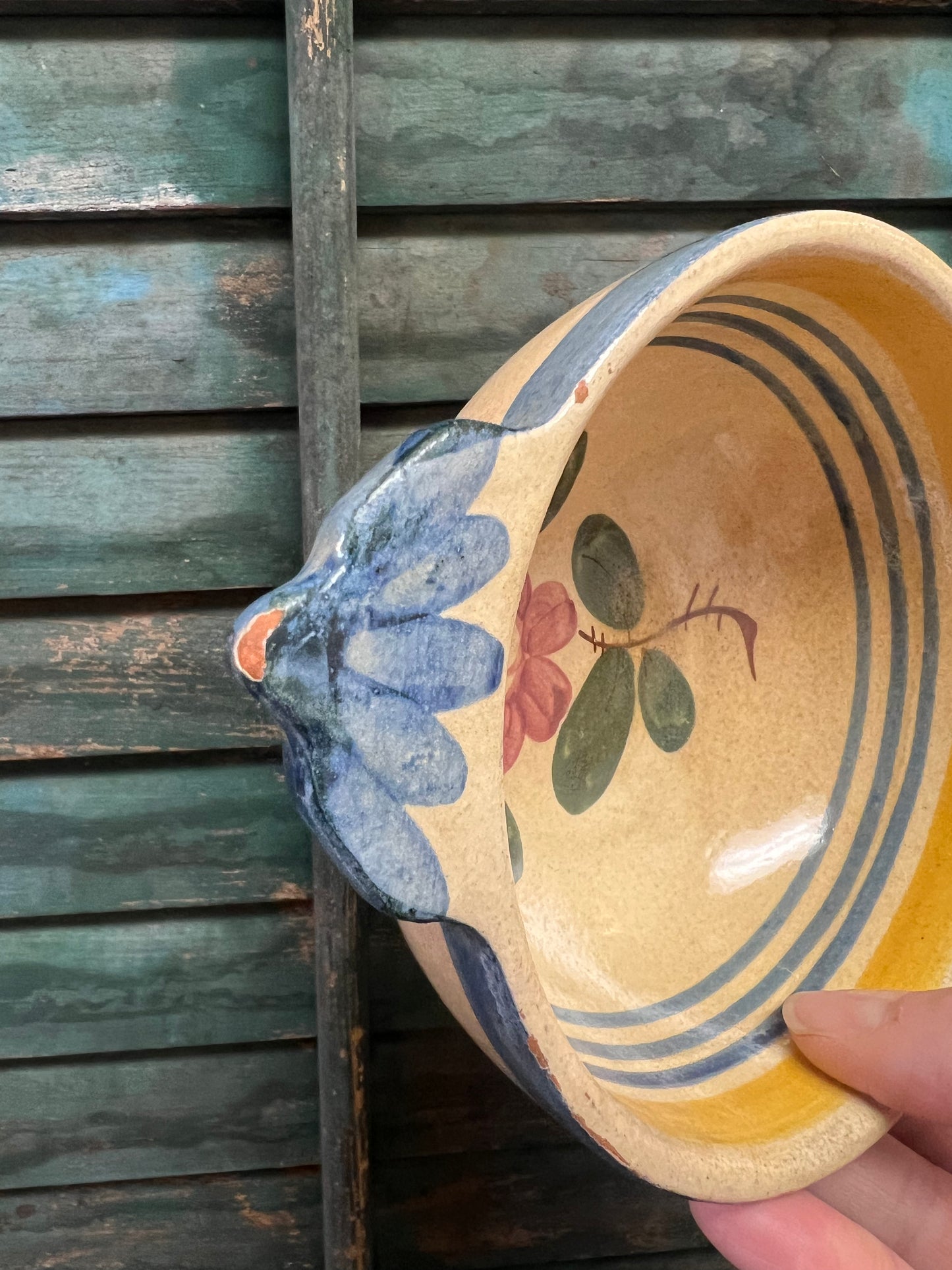 Antique ceramic glazed bowl with hand painted rose design