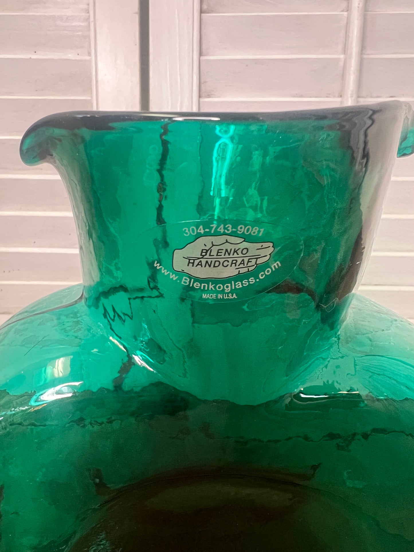 Blenko green glass double spout water carafe