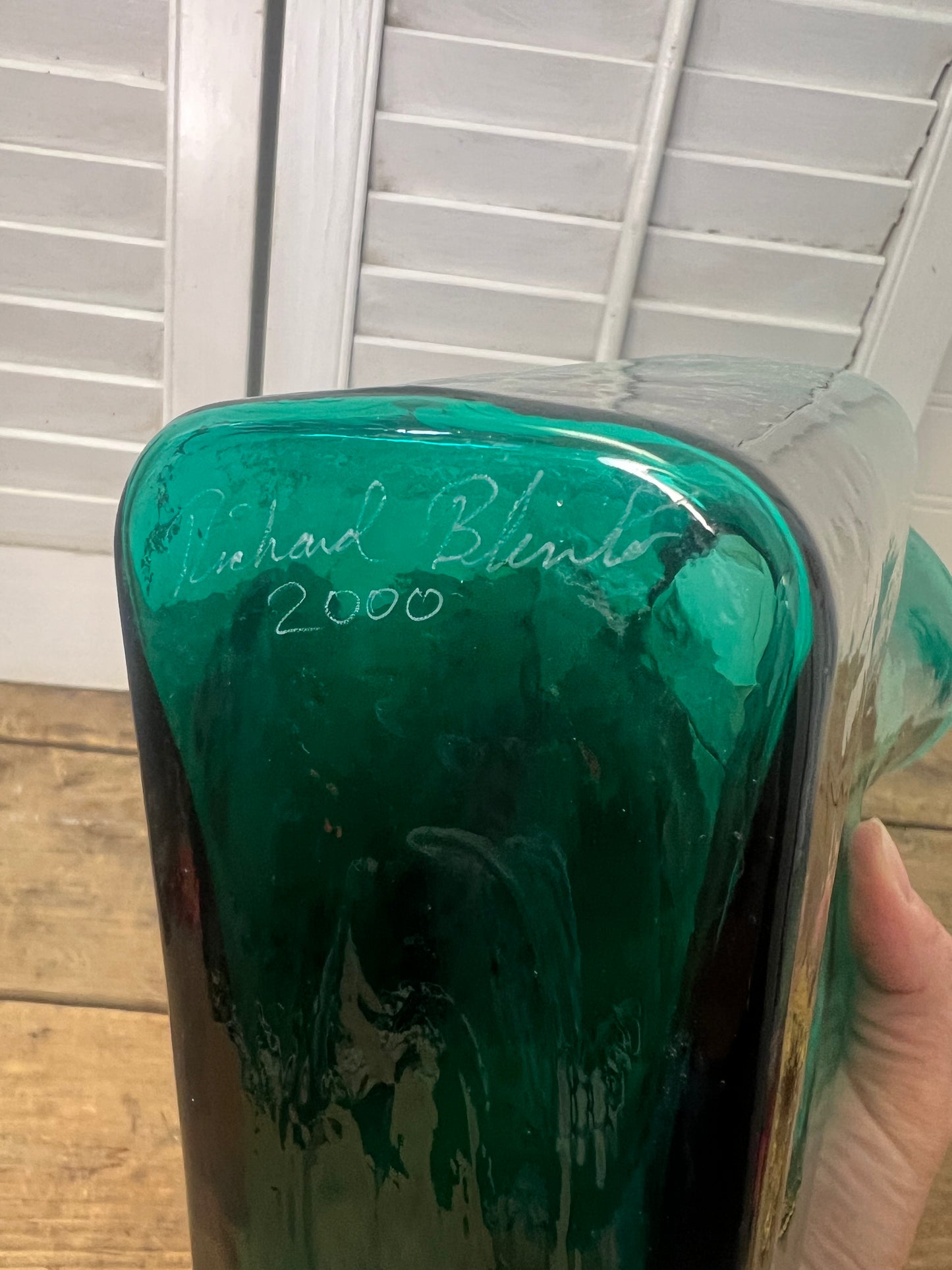Blenko green glass double spout water carafe