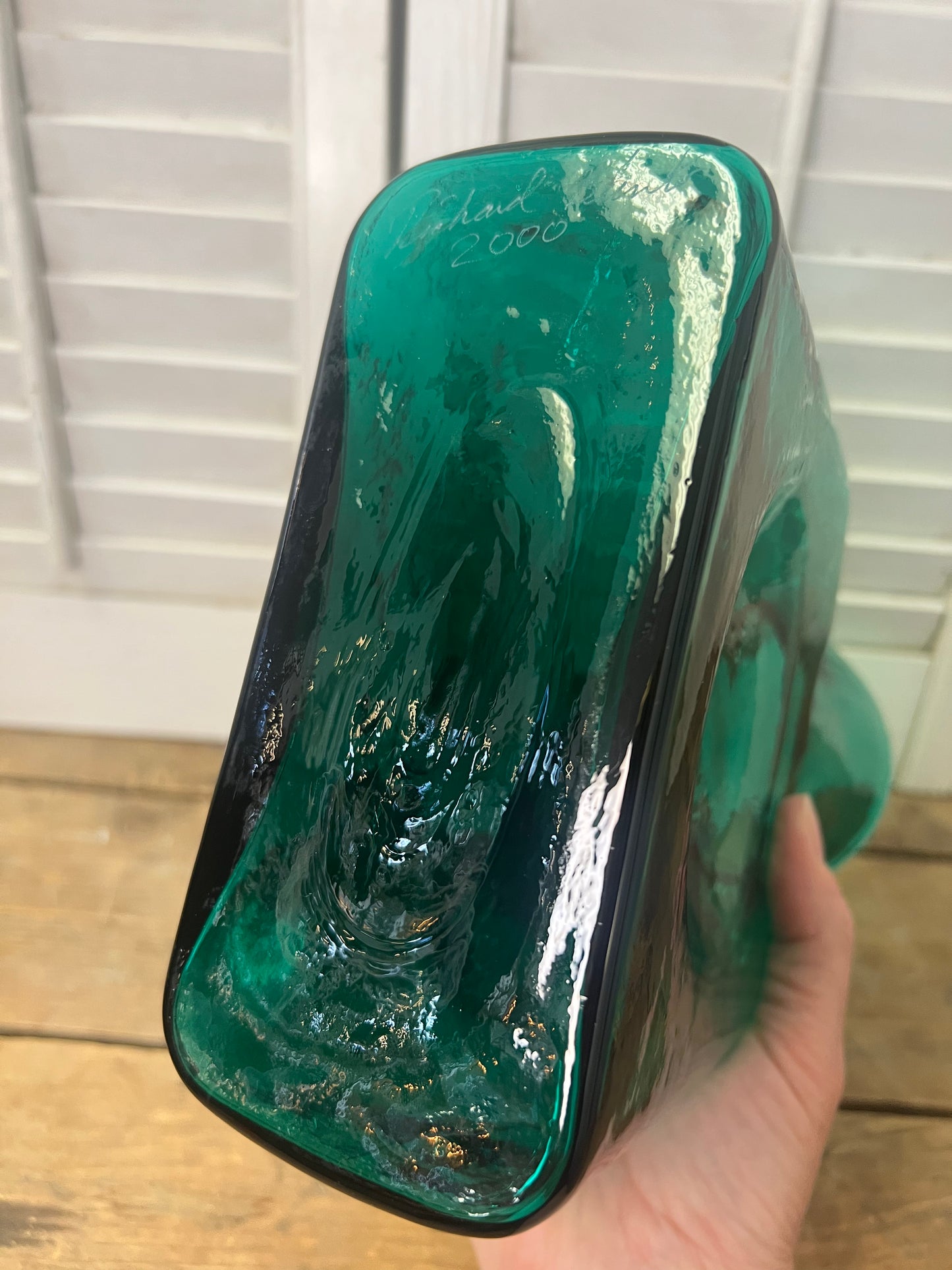 Blenko green glass double spout water carafe