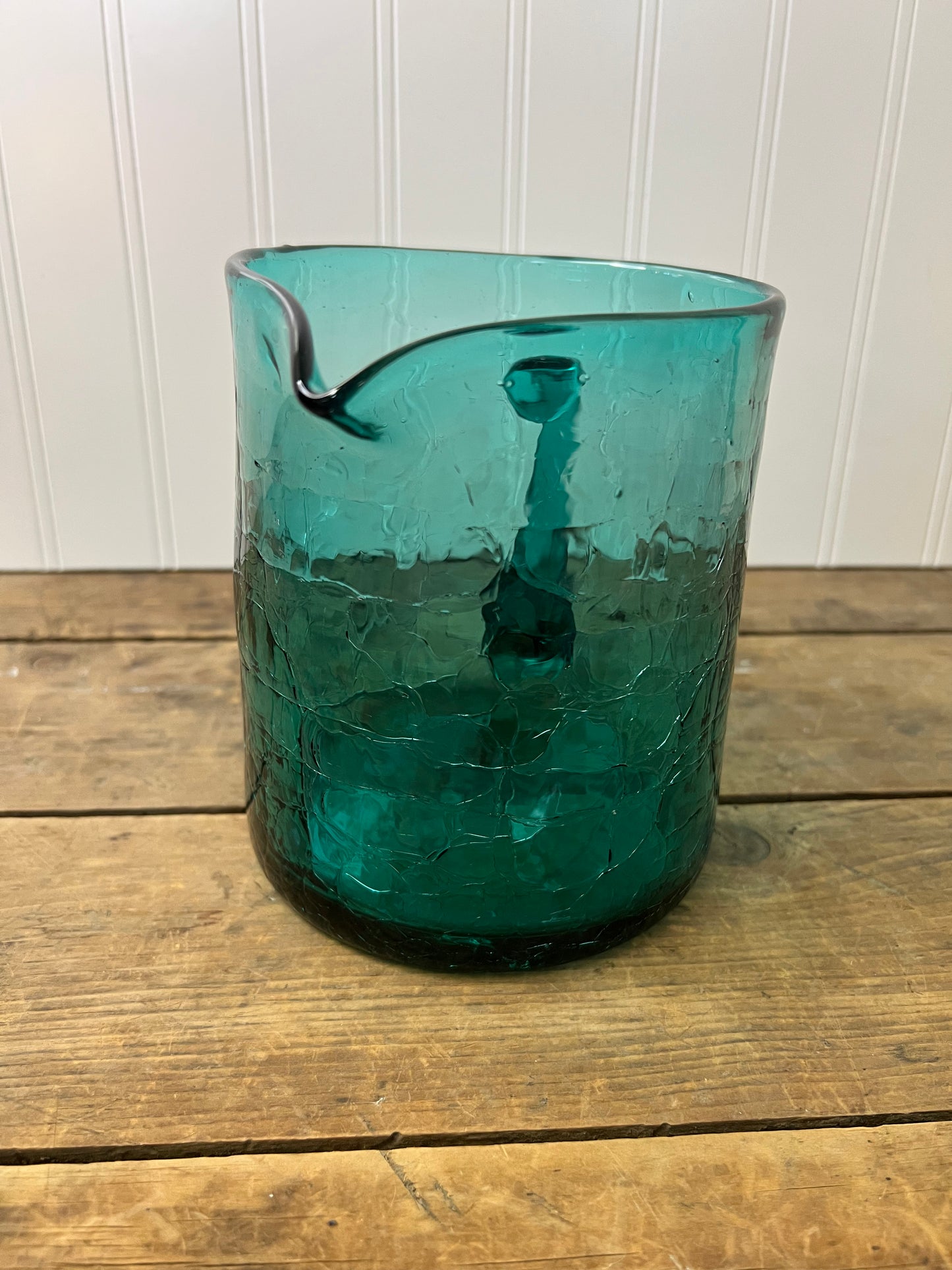 Vintage teal hand blown crackle glass pitcher