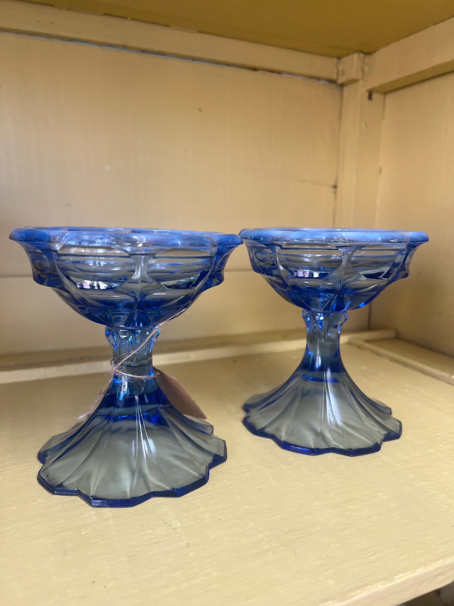 Pair of Fenton Valencia Candlestick Holders in Opalescent Blue