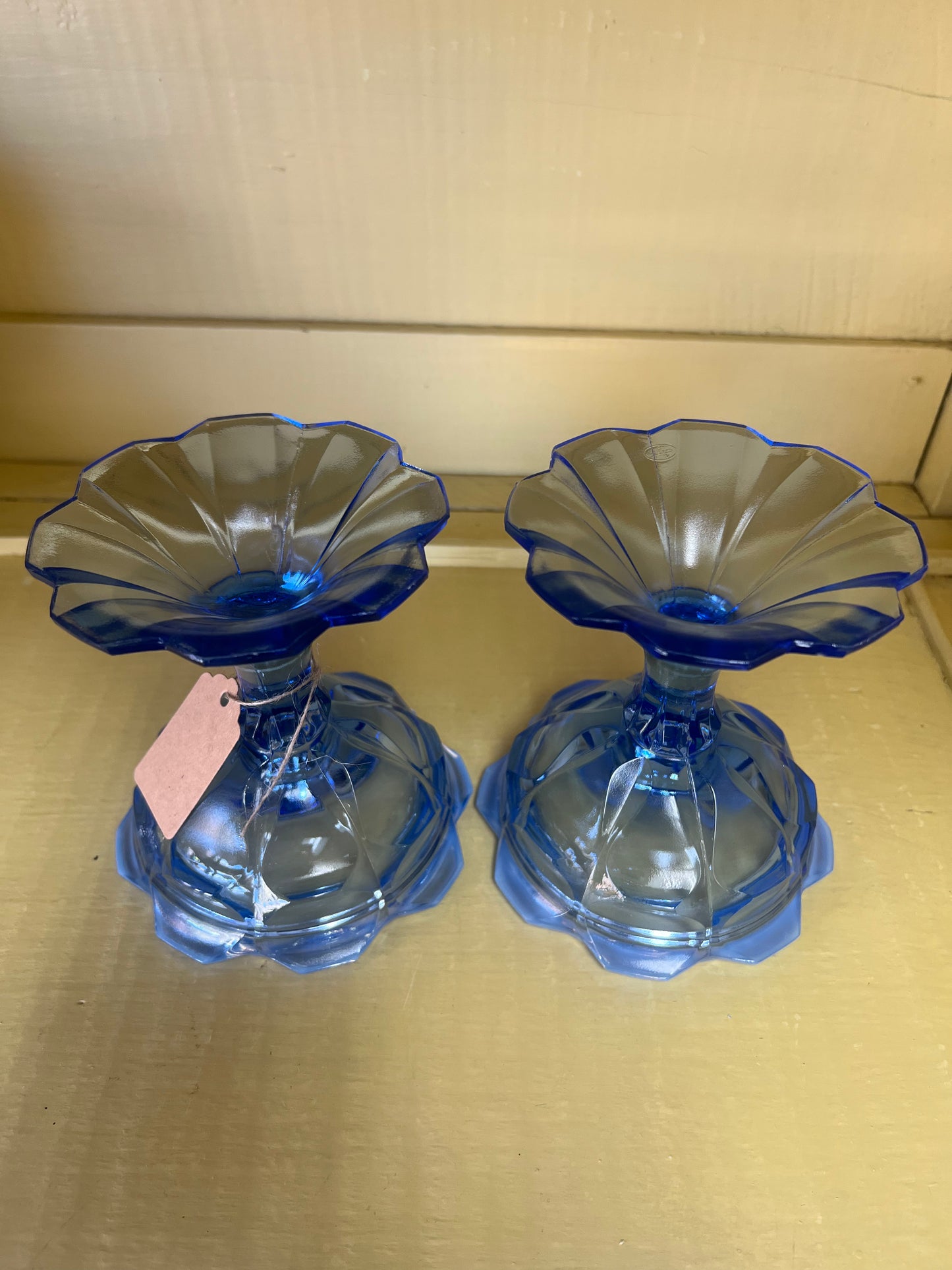 Pair of Fenton Valencia Candlestick Holders in Opalescent Blue