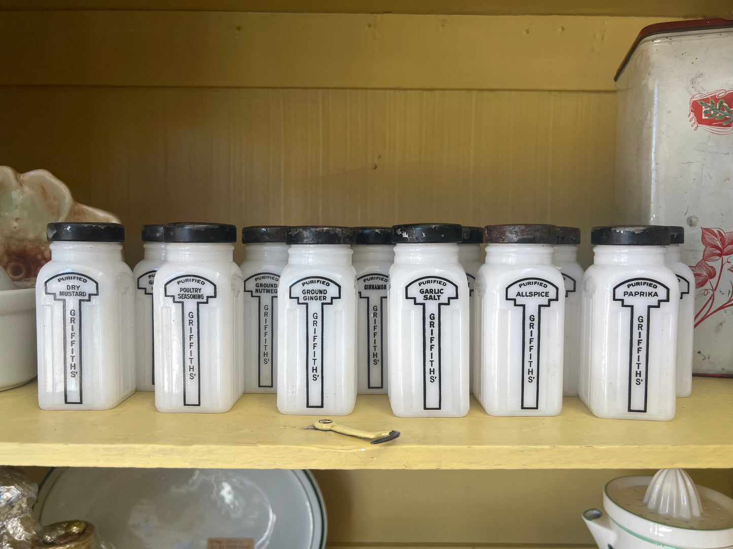 Set of 12 Vintage Milk Glass Griffith’s Spice Jars