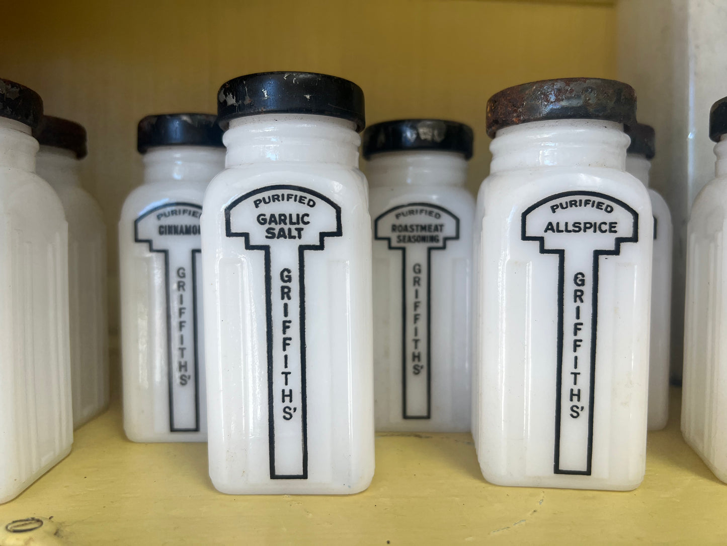 Set of 12 Vintage Milk Glass Griffith’s Spice Jars