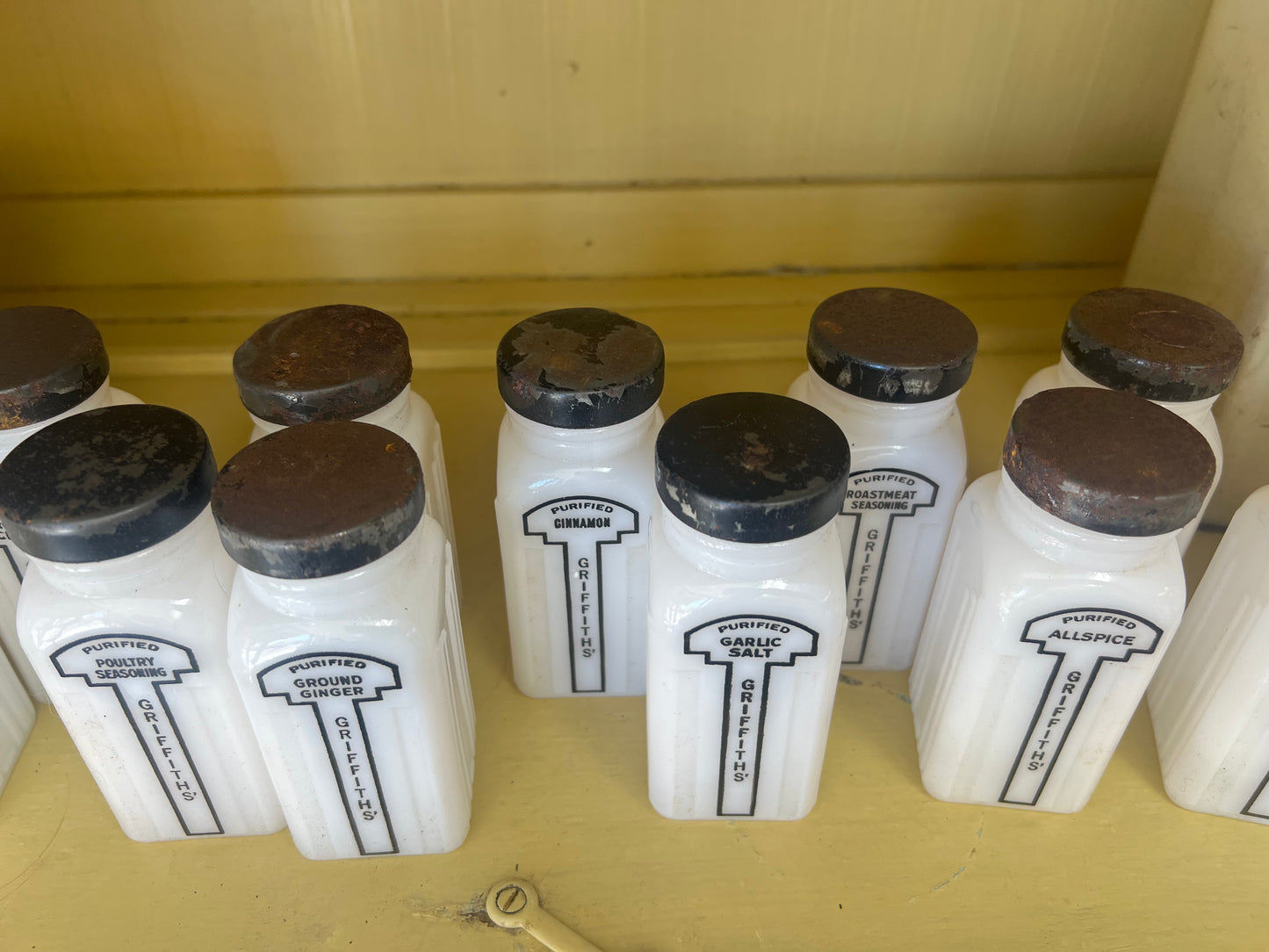 Set of 12 Vintage Milk Glass Griffith’s Spice Jars