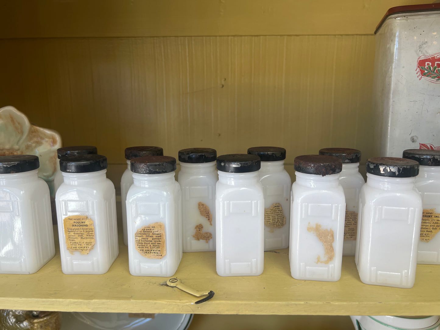Set of 12 Vintage Milk Glass Griffith’s Spice Jars