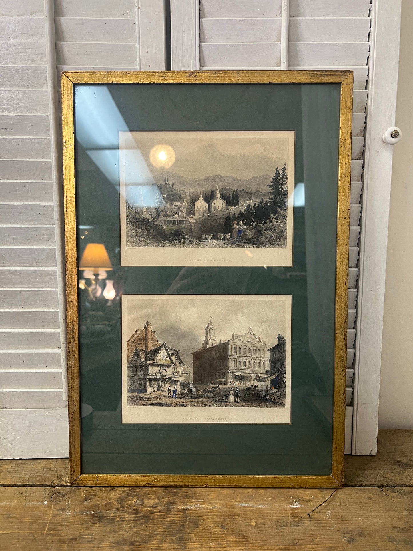 2 framed William H. Bartlett engravings, Village of Catskill and Faneuil Hall Boston