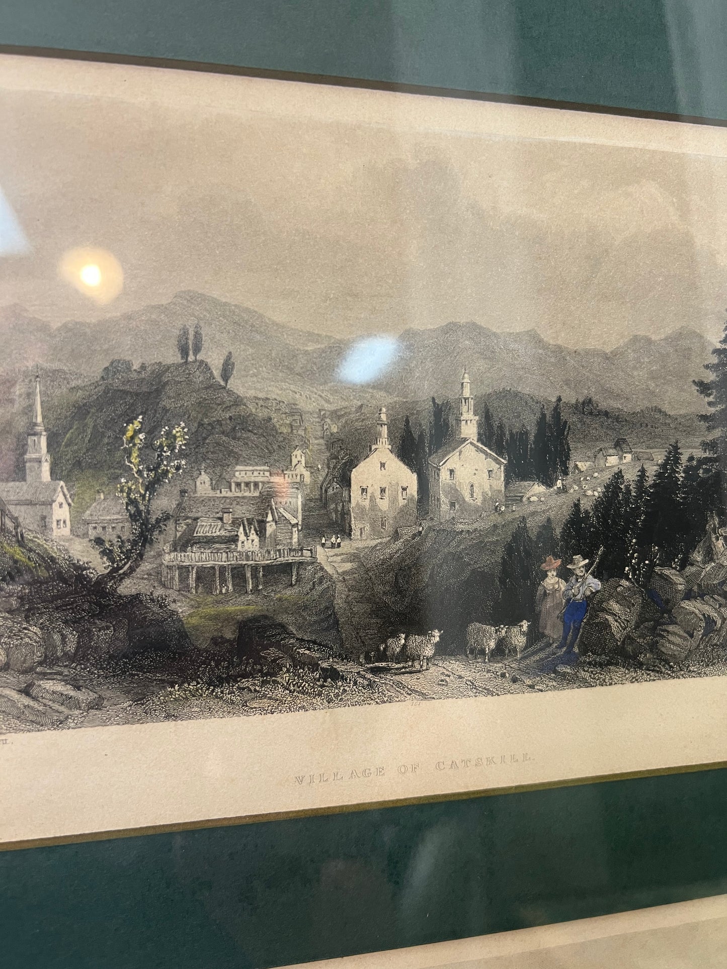 2 framed William H. Bartlett engravings, Village of Catskill and Faneuil Hall Boston