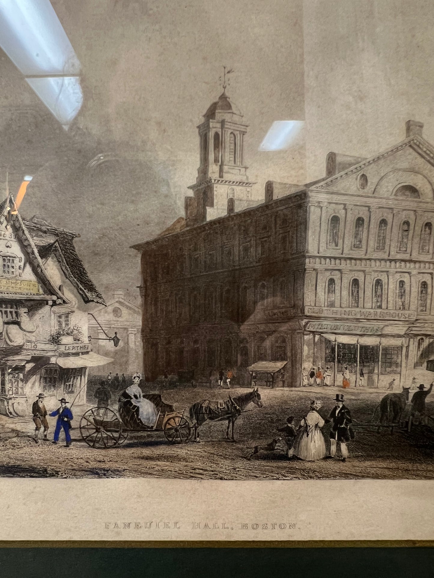 2 framed William H. Bartlett engravings, Village of Catskill and Faneuil Hall Boston