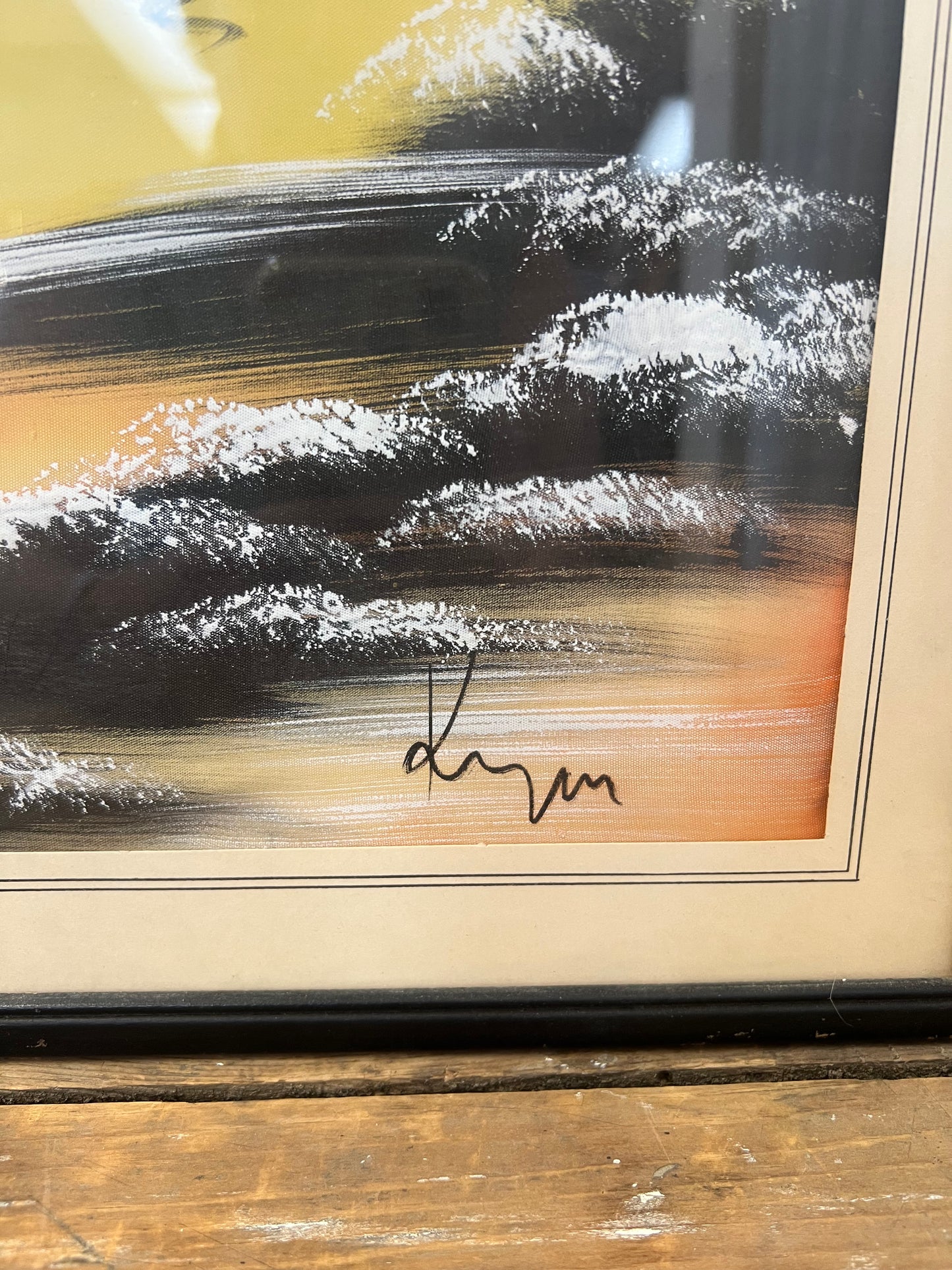 Vintage Asian painting on silk water scene framed and signed