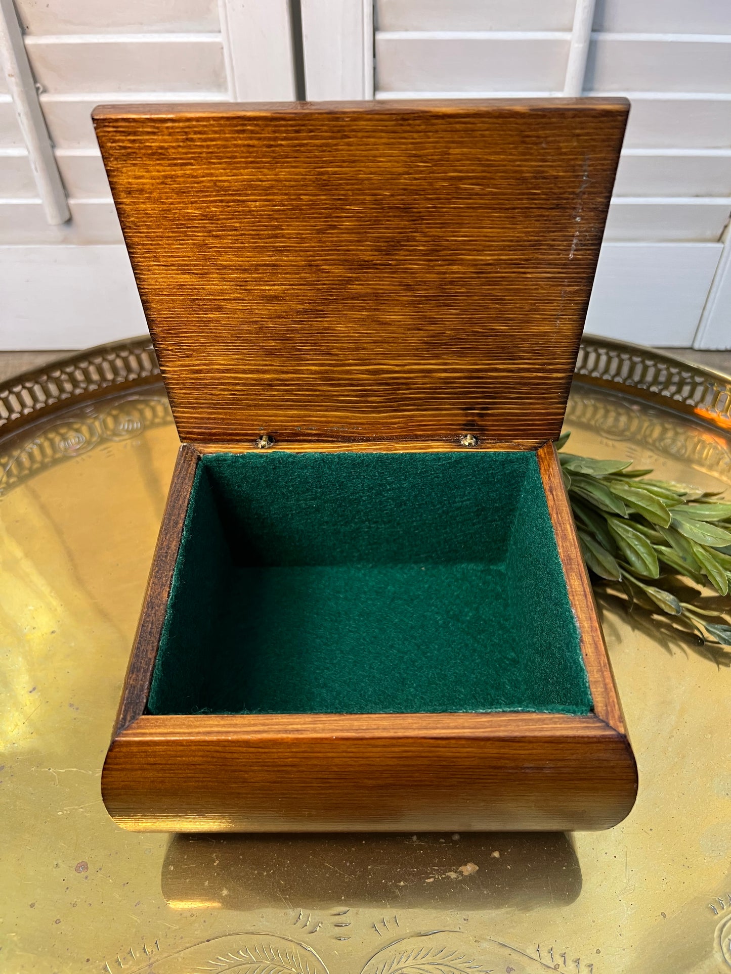 Wood jewelry/trinket box with painted leather lid