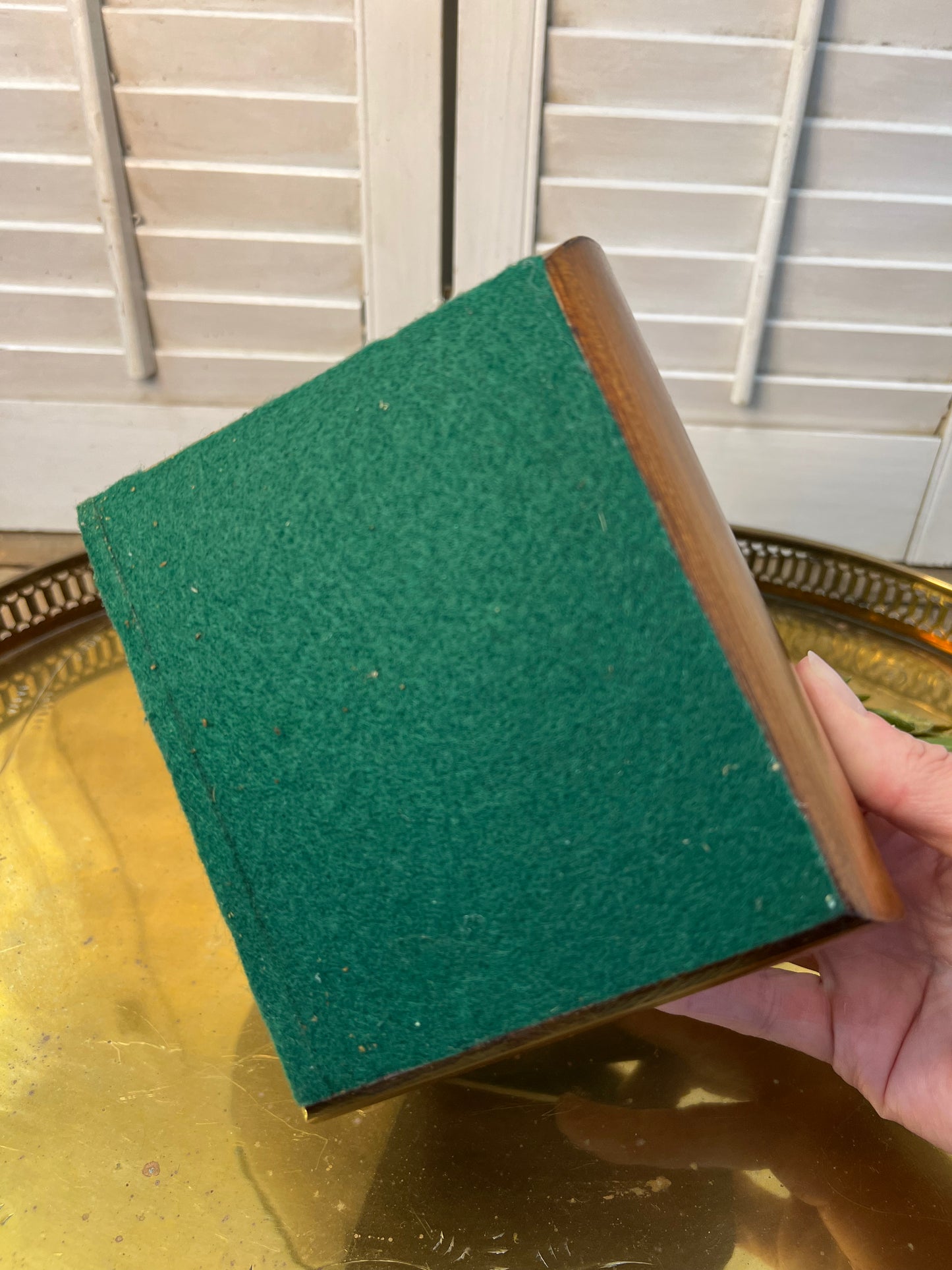 Wood jewelry/trinket box with painted leather lid