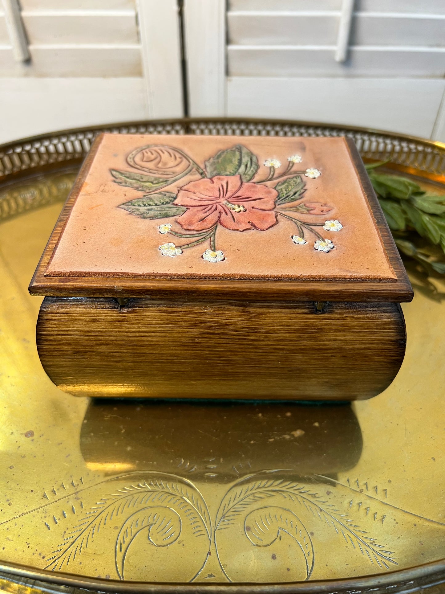 Wood jewelry/trinket box with painted leather lid
