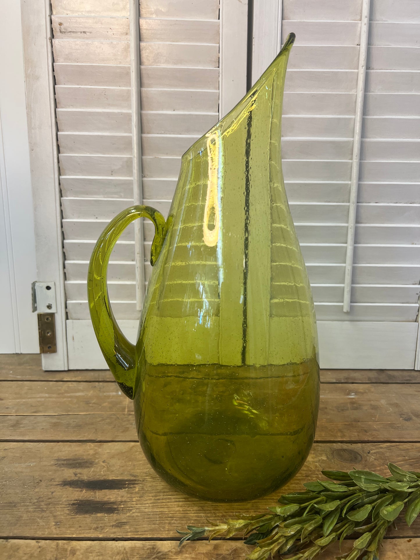 Vintage Blenko chartreuse green water pitcher Vintage Hand Blown Art Glass Pitcher