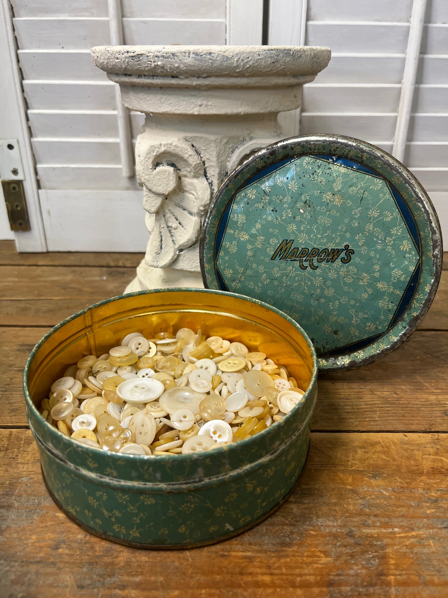 Vintage Marrow’s Tin with vintage white buttons