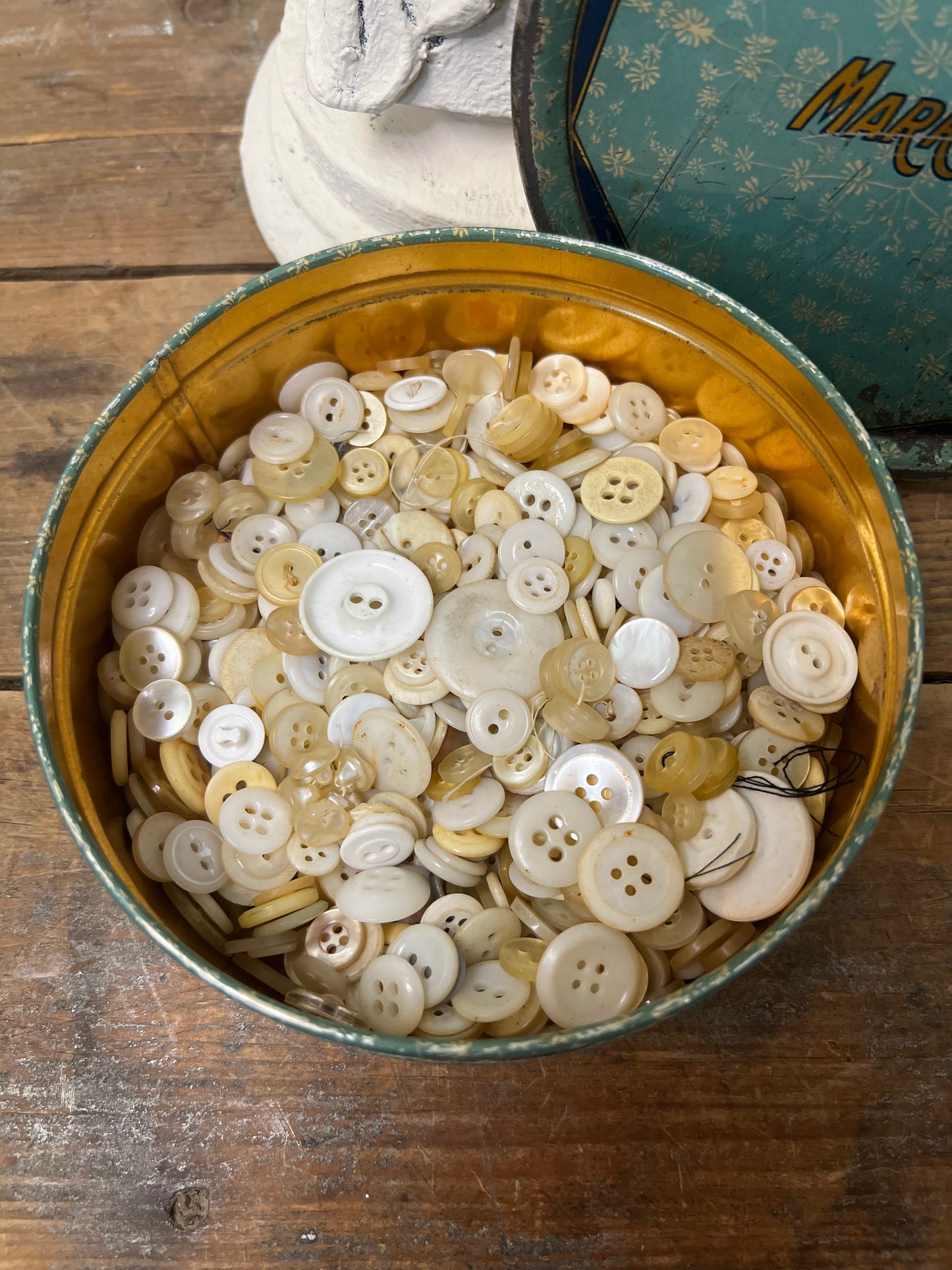 Vintage Marrow’s Tin with vintage white buttons