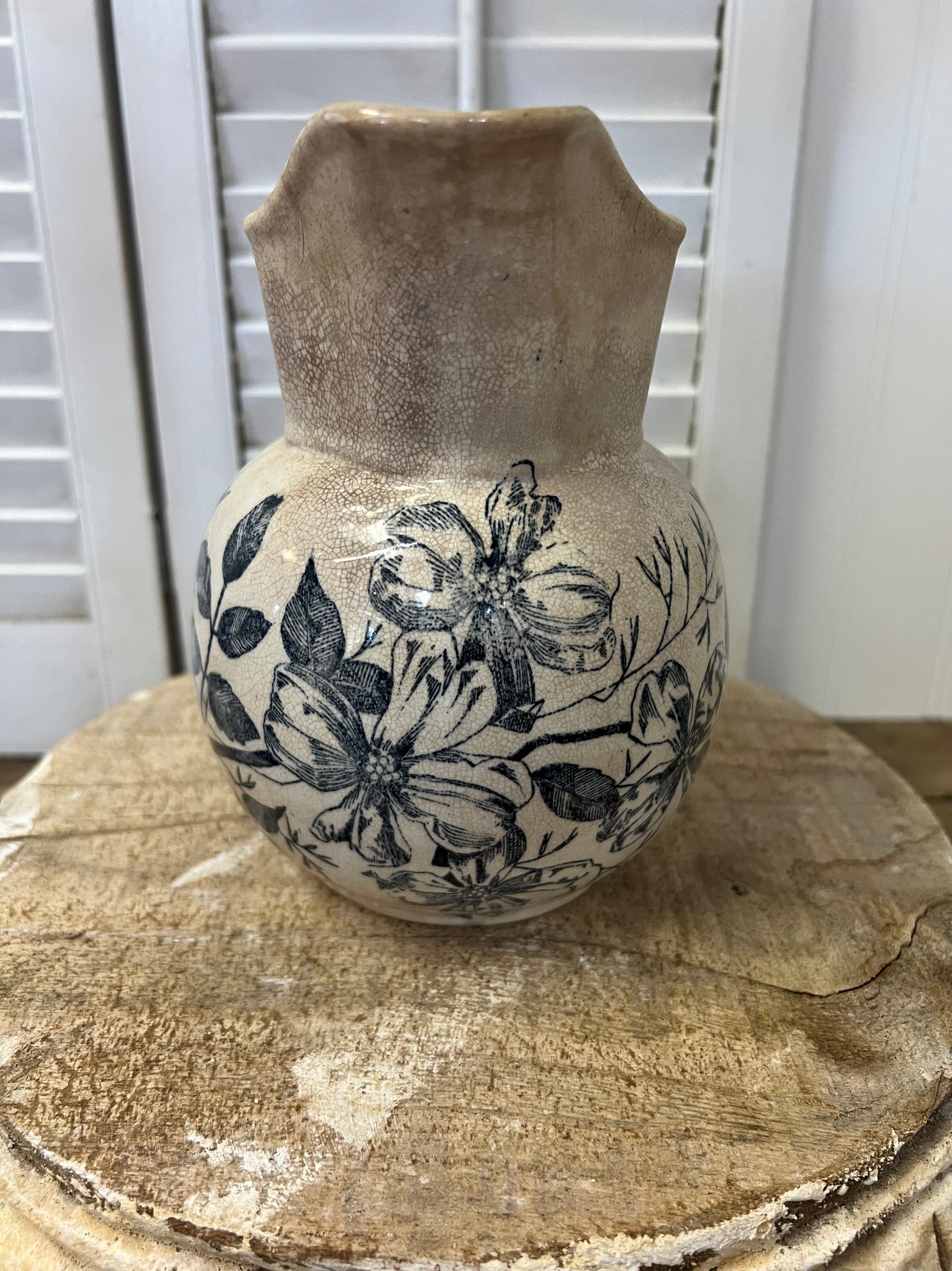 Antique English ironstone blue transferware floral stained and crazed milk pitcher