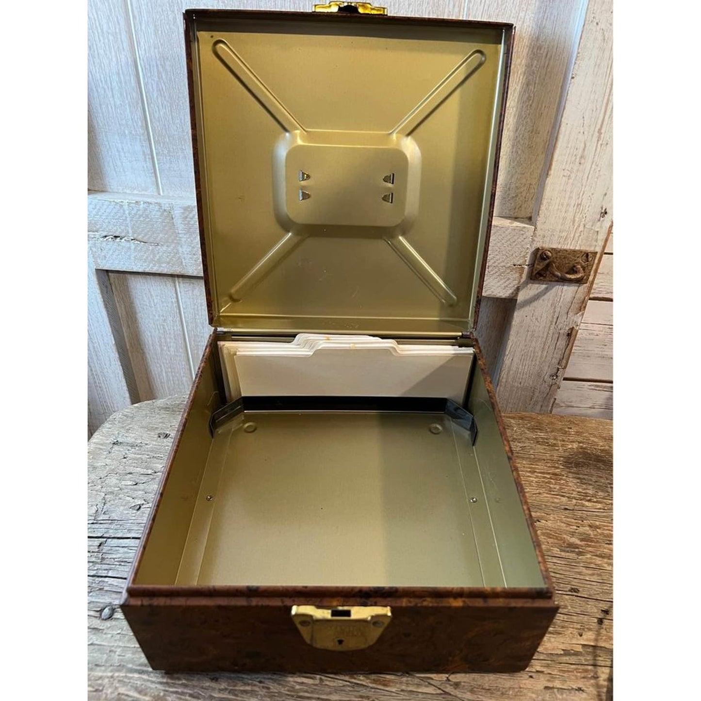 Vintage Ballonoff Faux Wood Lithograph Design Metal Porta Check File Box - Personal File/Storage Met