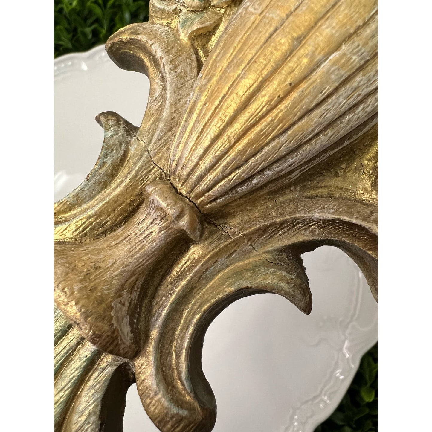 Beautiful vintage small wall shelf/ composite material gold gilt and green painted flowers