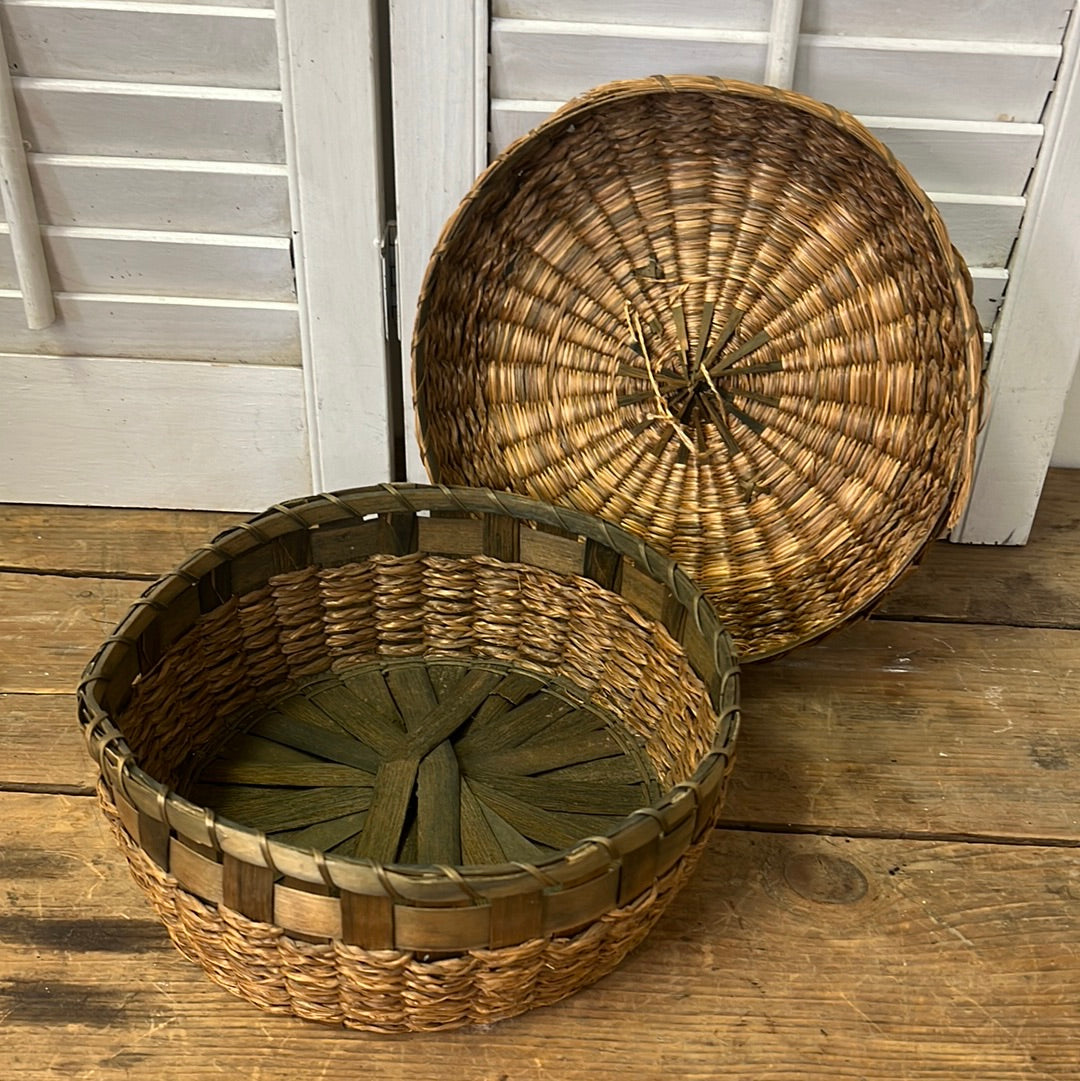 Braided sweetgrass and ash lidded basket/sewing basket