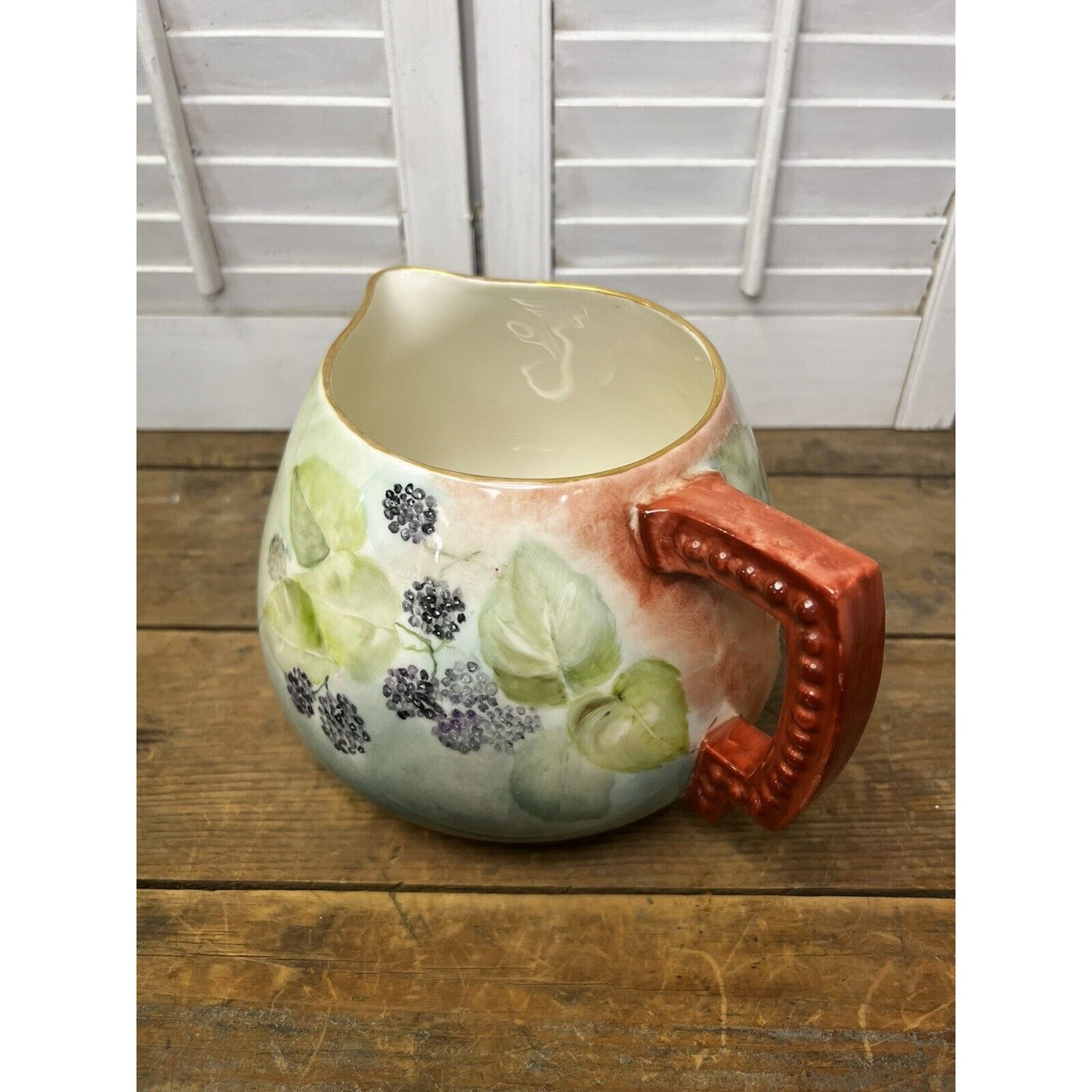 Antique American Belleek Porcelain Hand Painted Cider Pitcher Blackberries Leaves