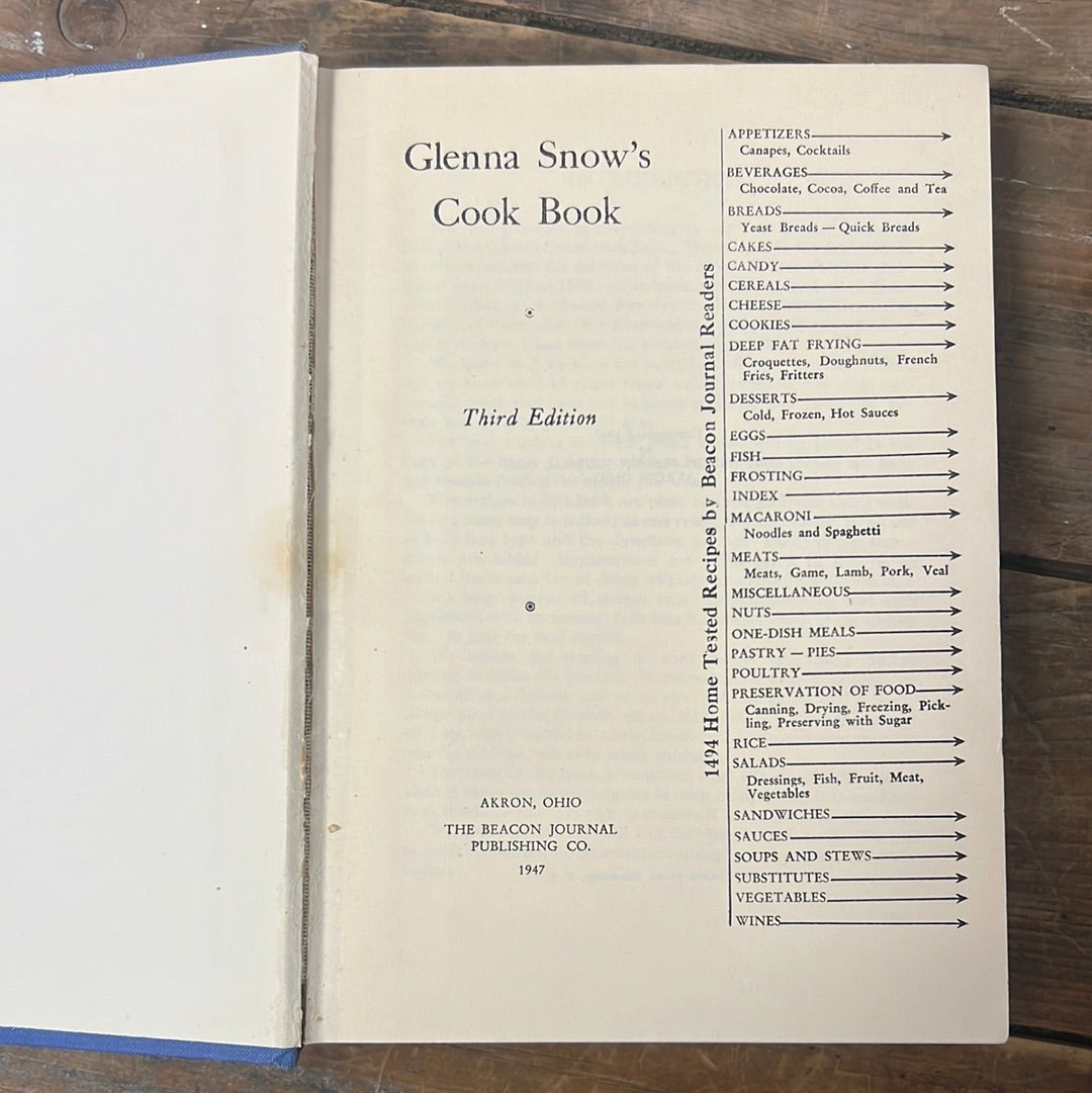 Glenna Snow’s Cook Book Third Edition 1947