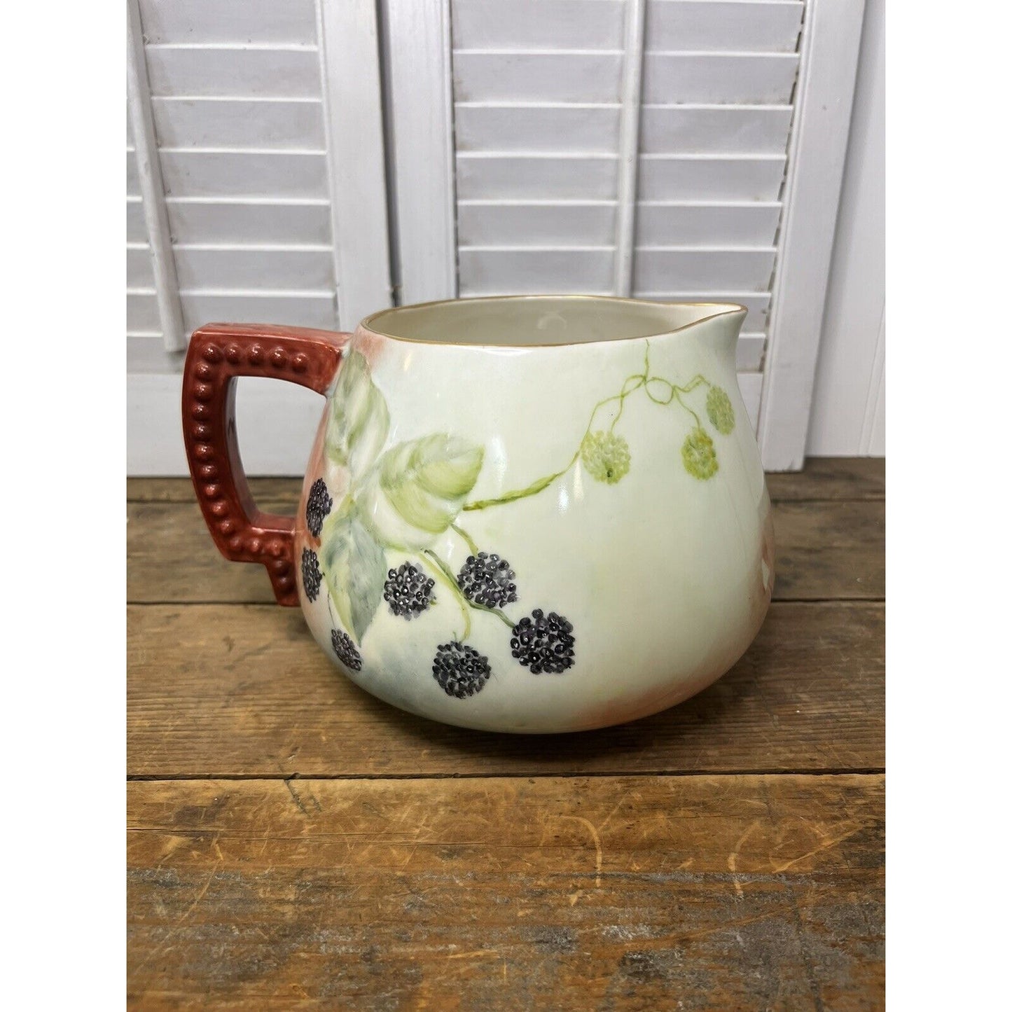 Antique American Belleek Porcelain Hand Painted Cider Pitcher Blackberries Leaves