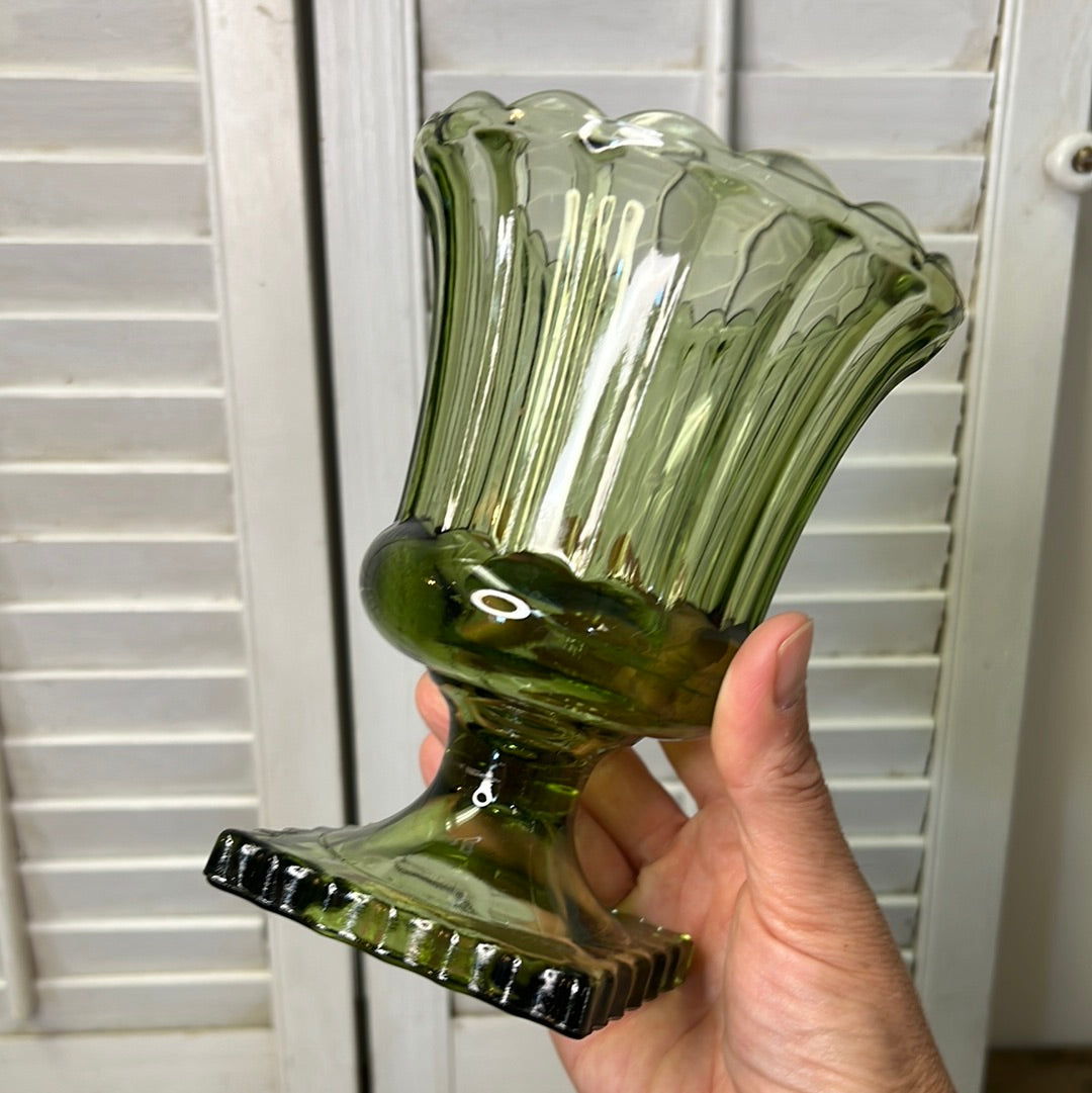 Vintage Green Indiana Glass Urn Vase/ Planter