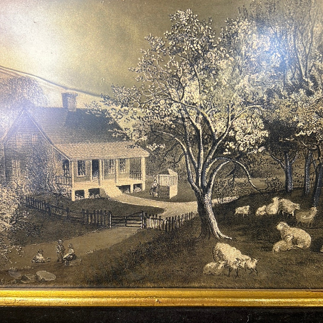 Vintage “American Homestead Spring” Currier and Ives Metalcraft Gold Foil Print