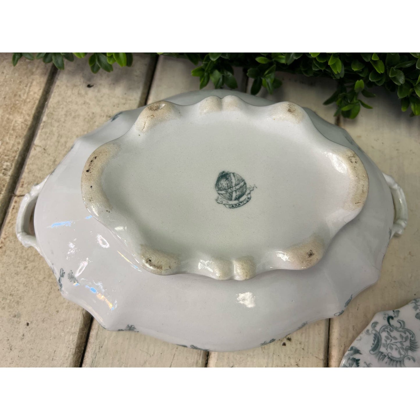 Antique W.M. Co. Green transferware covered serving dish Saratoga pattern