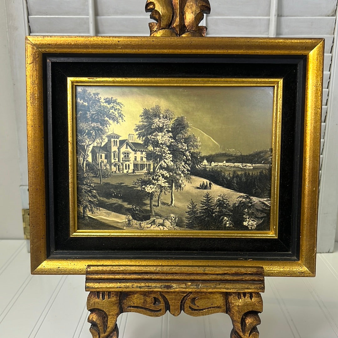 Vintage Currier and Ives “Life in the Country Metalcraft gold foil print framed