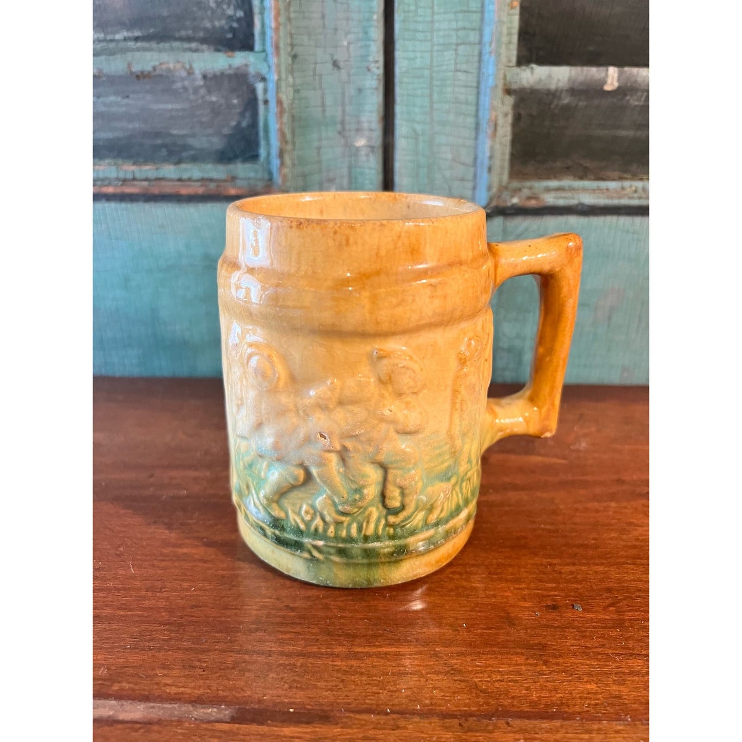 Vintage Brushware 1920s Beer Stein Dancing Fiddle Player Green Tan Mug Cup