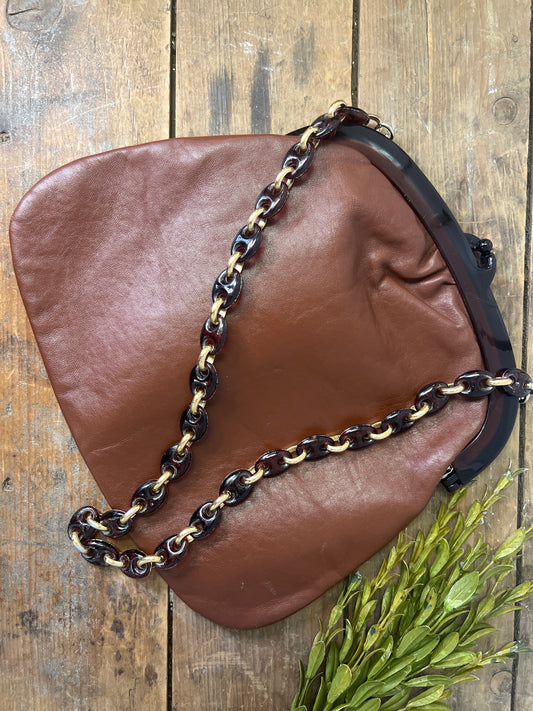 Italian Vintage 60s Handbag with Brown Tortoiseshell Frame and Chain Link Strap: purse shoulder top handle classic gold mid century modern