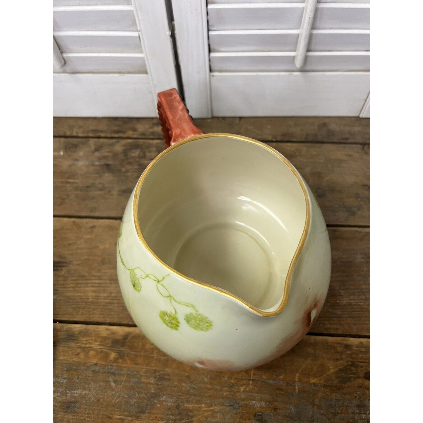 Antique American Belleek Porcelain Hand Painted Cider Pitcher Blackberries Leaves
