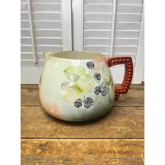 Antique American Belleek Porcelain Hand Painted Cider Pitcher Blackberries Leaves