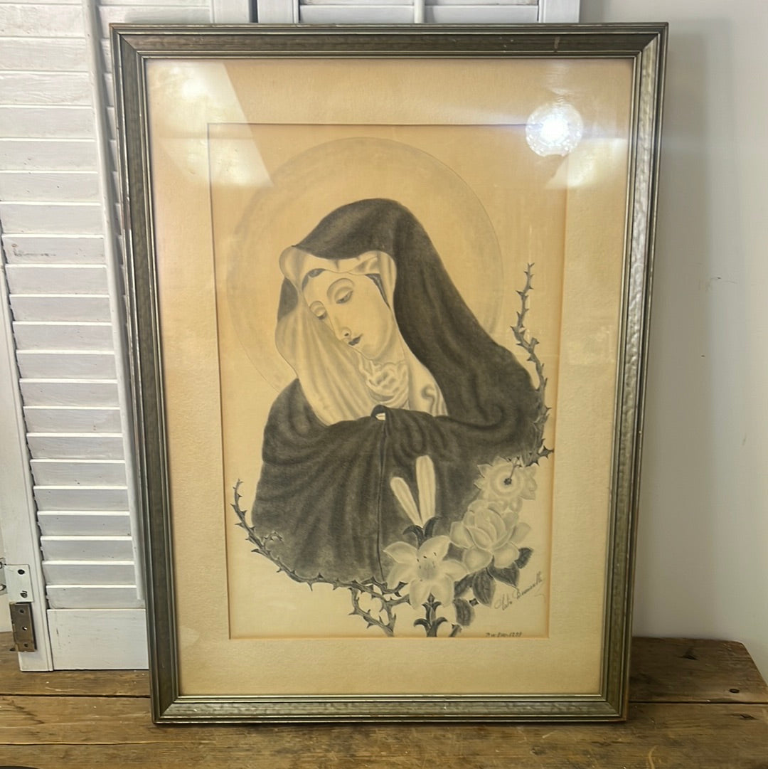 Madonna Hand Drawn Framed Religious Art Signed by Artist