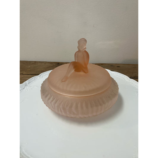 Vintage Art Deco pink satin glass/ pink depression glass powder jar AS IS please read description!