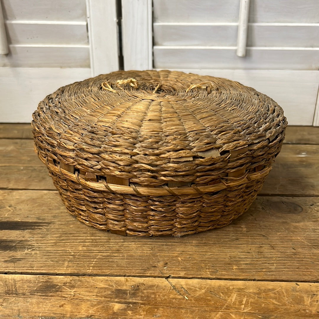 Braided sweetgrass and ash lidded basket/sewing basket