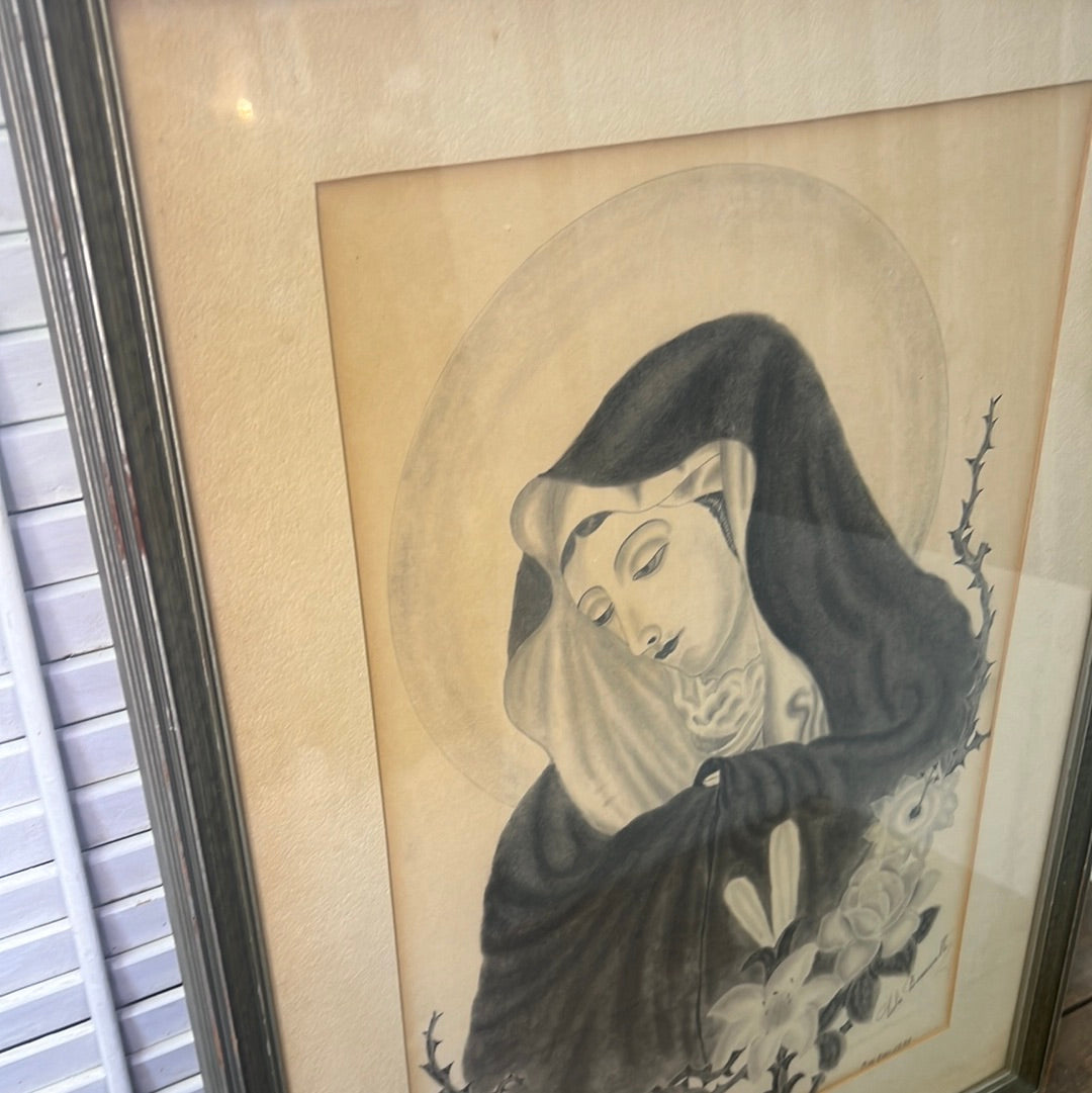 Madonna Hand Drawn Framed Religious Art Signed by Artist