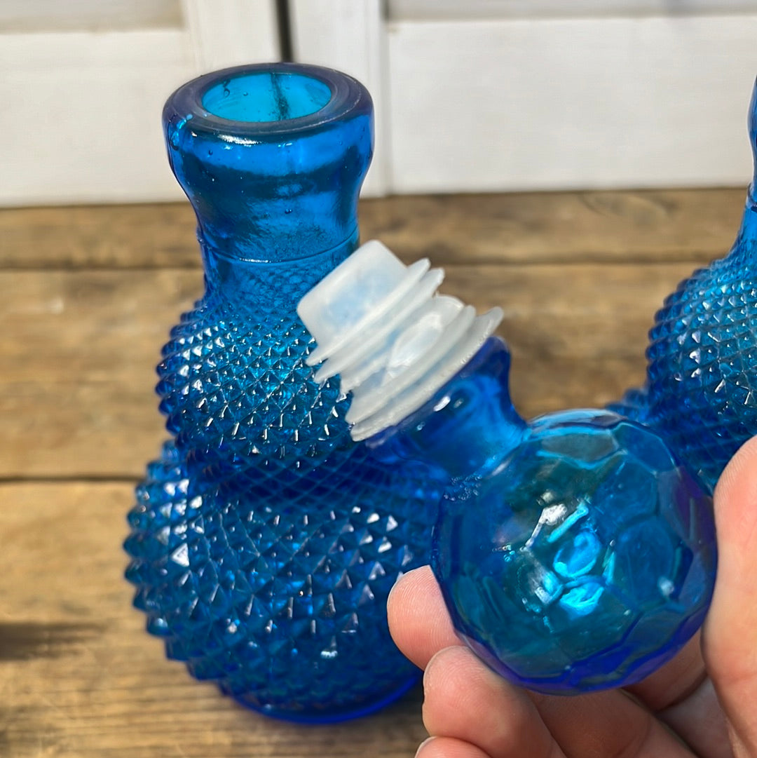 Blue glass diamond cut pattern cruet set