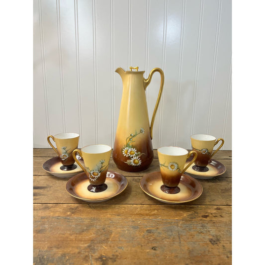 Antique Chocolate Pot Set with 4 matching cups and saucers with hand painted daisy pattern