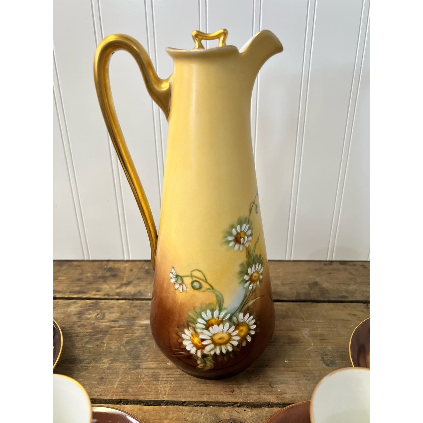 Antique Chocolate Pot Set with 4 matching cups and saucers with hand painted daisy pattern
